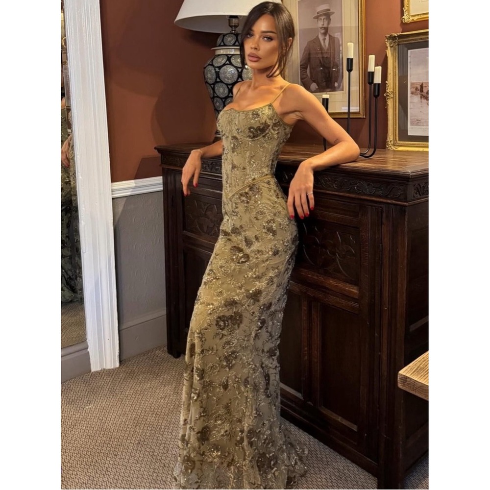 House of CB Naima Olive Bronze Hand Beaded Embellished Corset Maxi Dress NWOT